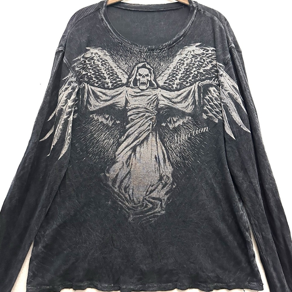 Y2K vintage Affliction Grim Reaper Angel Of Distressed print‎ t shirt top Sz M